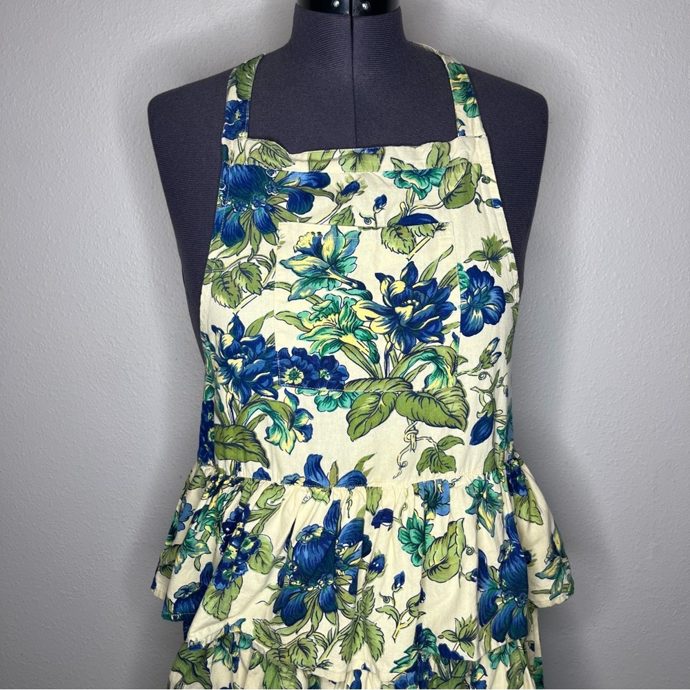 April Cornell Butter Yellow Floral Print Tiered Ruffle Dress Apron Holiday - Picture 4 of 8